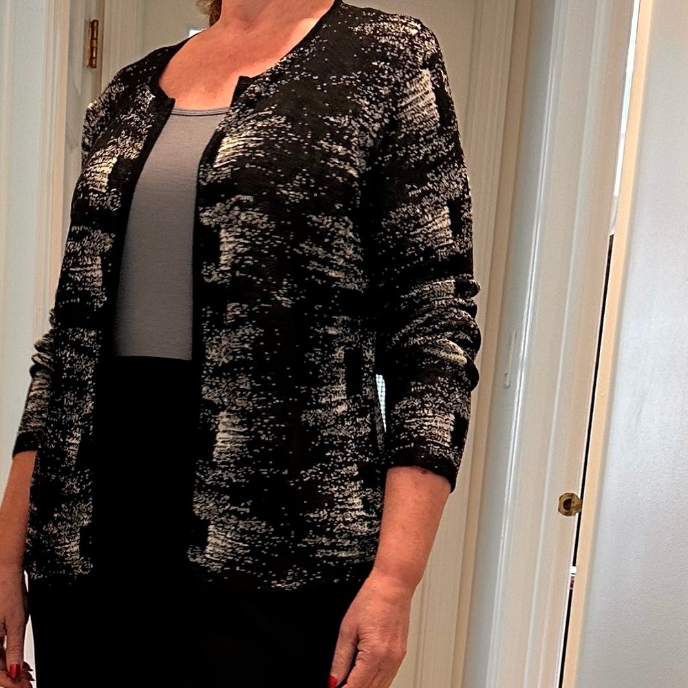 Eileen Fisher Black and Grey button free cardigan with round neck